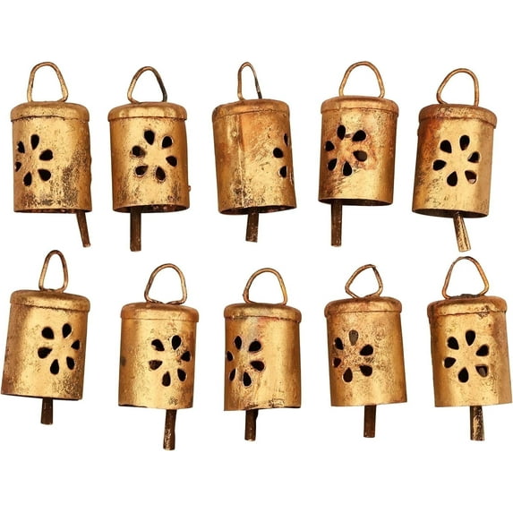 Vivanta 10 Pcs Vintage Hanging Metal Bells – Rustic Gold Farmhouse Ornaments for Crafts, Door Knobs, Wind Chime & Wall Decor