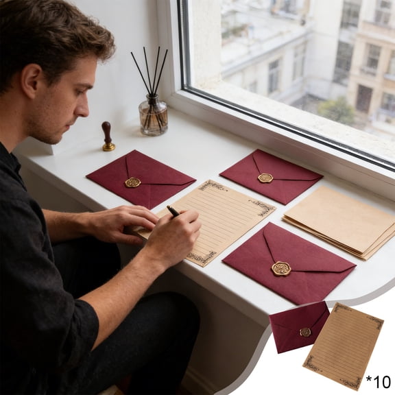 10 Pcs Vintage Linen Textured Envelopes with Wax Seals, Burgundy & Dark Coffee Decorative Envelopes with Kraft Lined Paper for Wedding Invitations, Greeting Cards & Letters