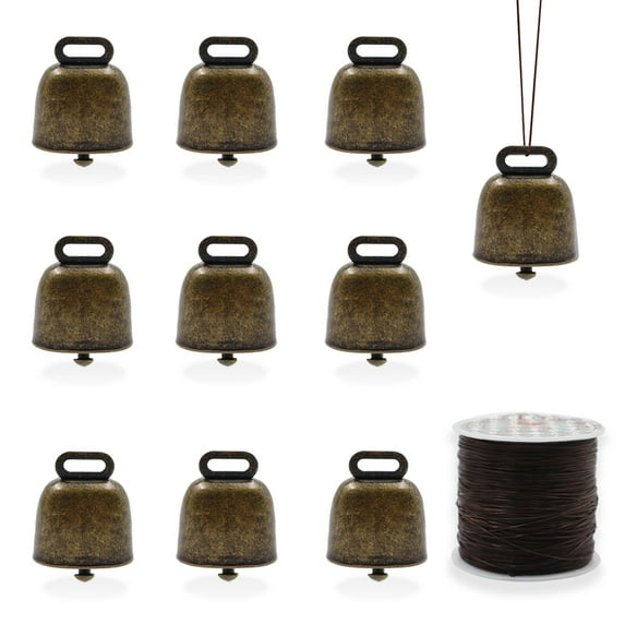10 Pcs Vintage Ornament Bells with 66 Yards Elastic String, Small Brass Bells, Loud Cow Horse Sheep Grazing Copper Bells, Bronze Bells Metal Bells