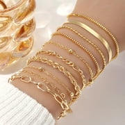 10 Pcs Vintage Statement Gold Color Flat Snake Chain Box Chain Bracelet Boho Multi-layer Metal Bracelet Womens Summer Jewelry