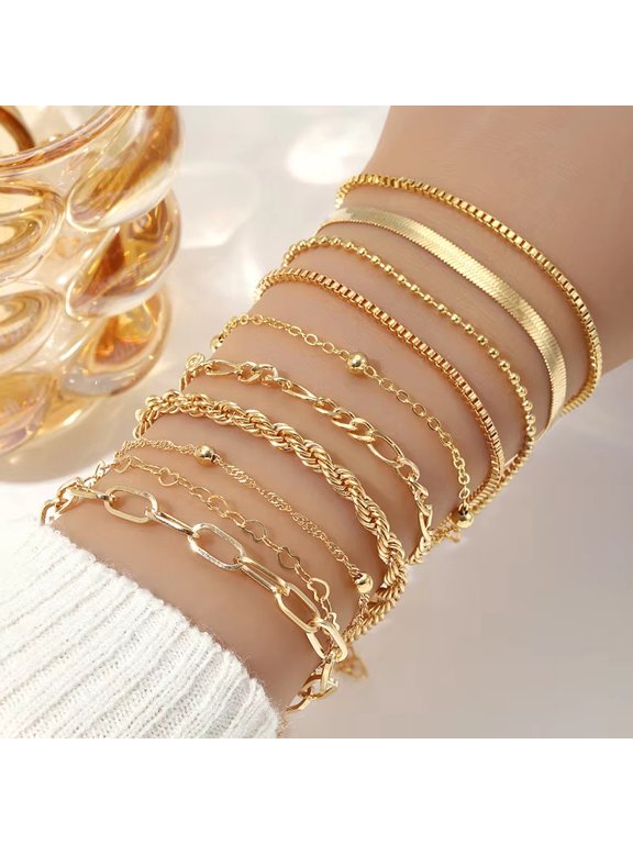 10 Pcs Vintage Statement Gold Color Flat Snake Chain Box Chain Bracelet Boho Multi-layer Metal Bracelet Women's Summer Jewelry