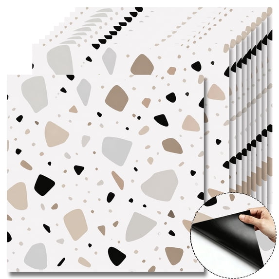 10 Pcs Warm Neutral Terrazzo Peel and Stick Floor Tiles, 12x12 in Covers 10 Sq. Ft. Self-Adhesive DIY Vinyl Flooring, Removable & Waterproof for Bathroom, Kitchen, Walls, Bedroom