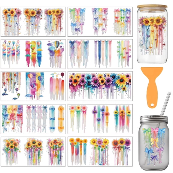 10 Pcs Watercolor Drips Theme Cup Printing UV Transfer Papers 10 Styles Sunflowers Hot Air Balloons Bows Daisies PVC DIY Heat Transfer Stickers