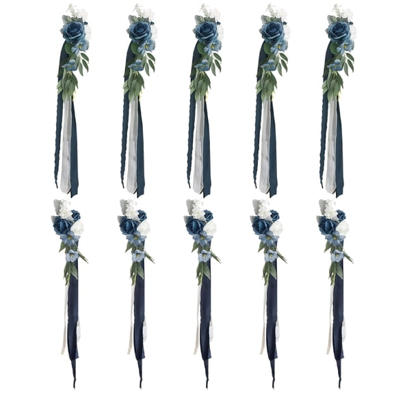 10 Pcs Wedding Aisle Chair Decorations, Pew Flowers for Wedding Ceremony Aisle, Blue and White Flower Combination, Artificial Flowers with Silk Ribbon, Ideal for Indoor and Outdoor Ceremonies