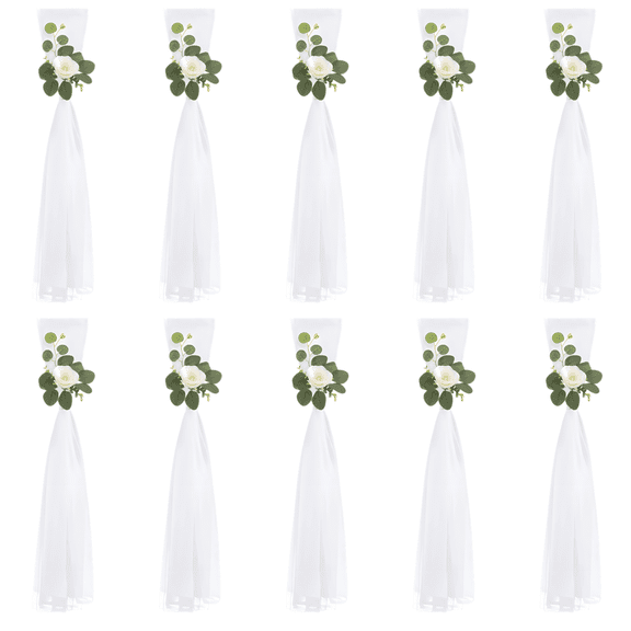 10 Pcs Wedding Aisle Chair Decorations, White Chair Cover with Artificial Eucalyptus Stem and Flower, 31.5 in / 80 cm for Church Pew Decor