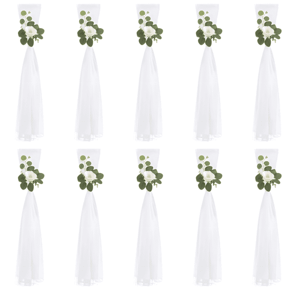 10 Pcs Wedding Aisle Chair Decorations, White Chair Cover with Artificial Eucalyptus Stem and Flower, 31.5 in / 80 cm for Church Pew Decor