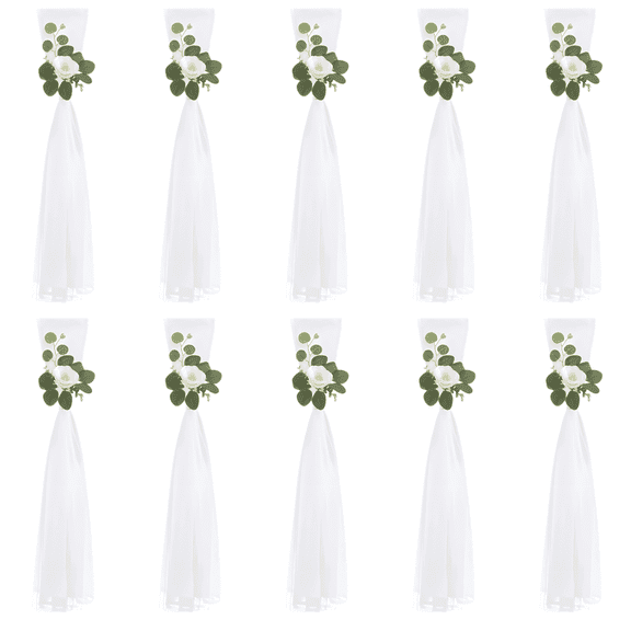 10 Pcs Wedding Aisle Chair Decorations, White Chair Cover with Artificial Eucalyptus Stem and Flower, 31.5 in / 80 cm for Church Pew Decor