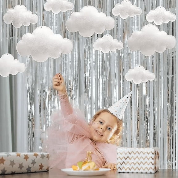 10 Pcs White Cloud Ceiling Decorations, 3D Hanging Artificial Party Ornament in 4 Sizes with Transparent String, Soft Non-Woven