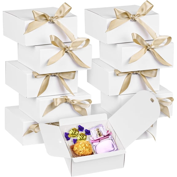 10 Pcs White Gift Boxes with Lids, 4.5x4.5x2 Present Box, Square Boxes with Ribbon, Paper Gift Boxes for Presents, Wedding, Birthday, Party, Baby Shower, Chocolate, Candy, Snacks