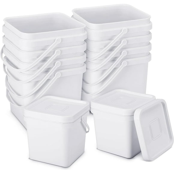 10 Pcs White Plastic Bucket Square Bucket with Lid Utility Industrial Pail with Handle Oil Tub Container for Food Water Paint House Cleaning Storage Car Washing (2.2 Gallon)