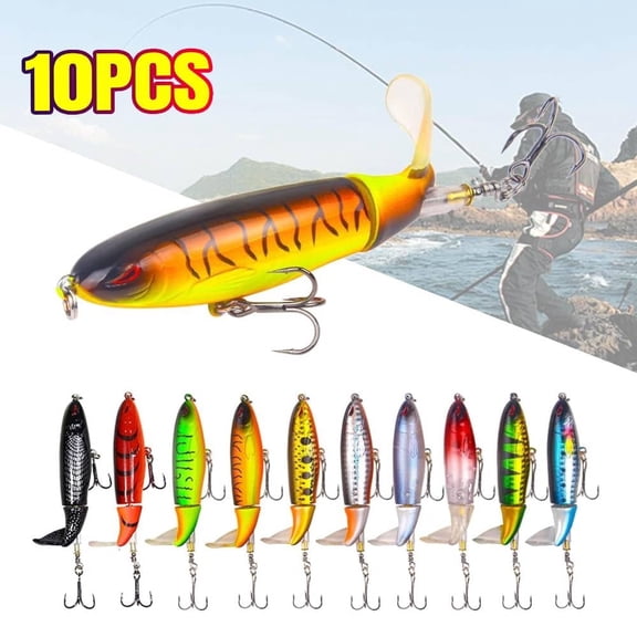 10 Pcs Whopper Fishing Lure, for Bass Popper Top Water Fishing Lures, with Floating Rotating Tail Barb Treble Hooks, in Saltwater Freshwater Plopping Lures Kit