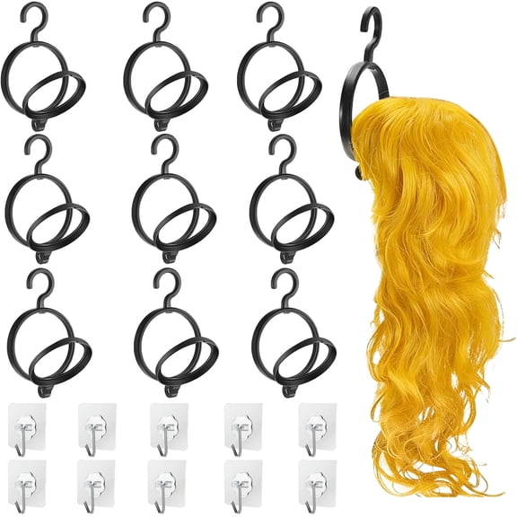 10 Pcs Wig Hangers with Hooks Set, 5.3 x 9.4 in Round Wig Storage Organizer, Wall Mount Wig Stand for Short Wigs, Hats, Hanging, Easy Installation, Space-Saving