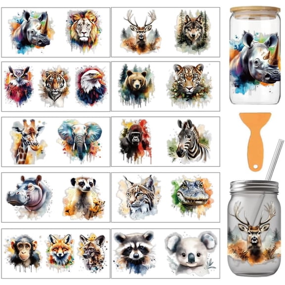 10 Pcs Wild Animal Theme PVC Cup Printing Transfer Sticker Oil Forest Animal Pattern UV Waterproof Cup Sticker Kit for 16 oz Glasses Window Home Printing Decoration 9.5x4.3inch
