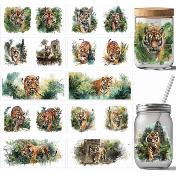 10 Pcs Wildlife-Cup Printing UV Transfer Papers 10 Styles Waterproof Tiger Jungle Watercolor Illustration UV DTF Cup Wrap Stickers