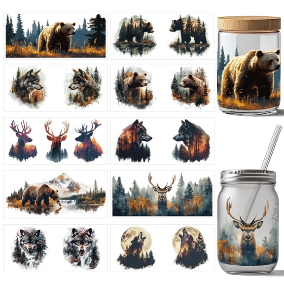 10 Pcs Wolf Bear Deer UV DTF Cup Wrap Transfer Sticker 10 Styles Wild Animal Transfer Paper Rub on Stickers Silhouette PVC Cup