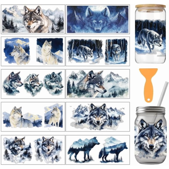 10 Pcs Wolf Theme Cup Printing UV Transfer Papers 10 Styles Watercolor Wolf and Snowy Mountains PVC DIY Heat Transfer Stickers for DIY handcrafting