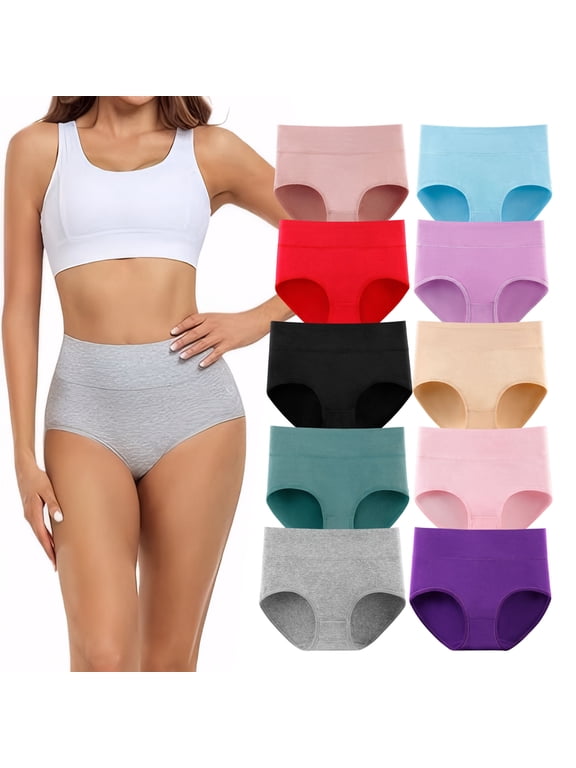10-Pcs Women's Cotton Panties, Nivmu High Waist Tummy Control Underwear, Stretch Full Coverage Briefs Size 8