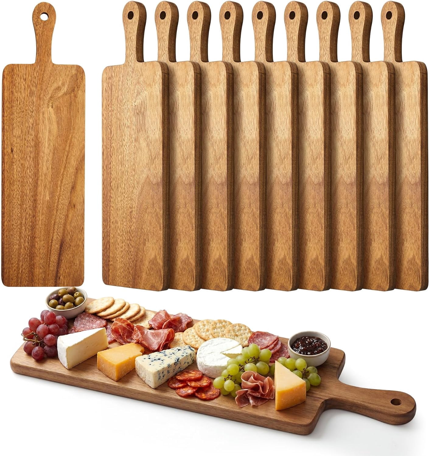 10 Pcs Wood Cutting Board with Handle 15.7 x 7.8 Inch Acacia Wooden Serving Kitchen Chopping Boards for Pizza, Bread, Cheese, Charcuterie, Fruit, Vegetables