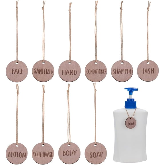 10 Pcs Wooden Bathroom Labels for Bottles Camel Bottle Decor Tags with Polyester Cord Wooden Bathroom Label - Dish Hand Soap Lotion Shampoo Conditioner Body Face Mouthwash Coffee
