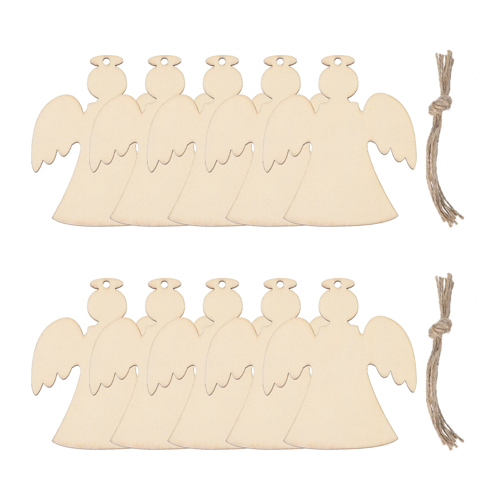 10-Piece Natural Wood Angel Christmas Ornaments with Jute Rope
