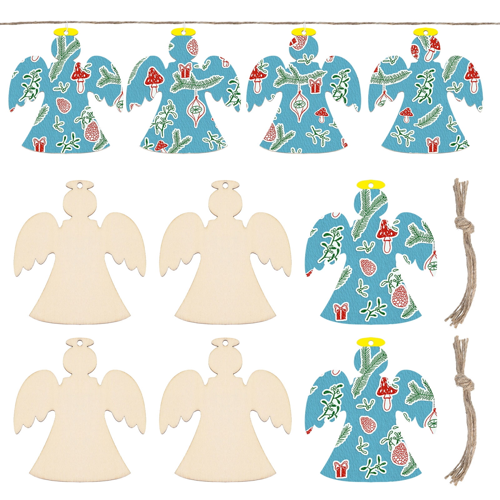 10-Piece Natural Wood Angel Christmas Ornaments with Jute Rope