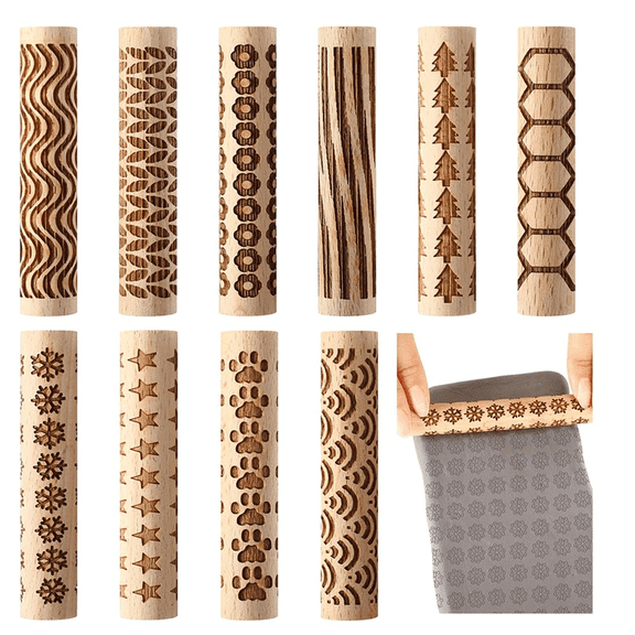 10 Pcs Wooden Clay Texture Rollers Set for Pottery and Ceramics, Stamp Roller Tools Slab Building Sculpting Handmade