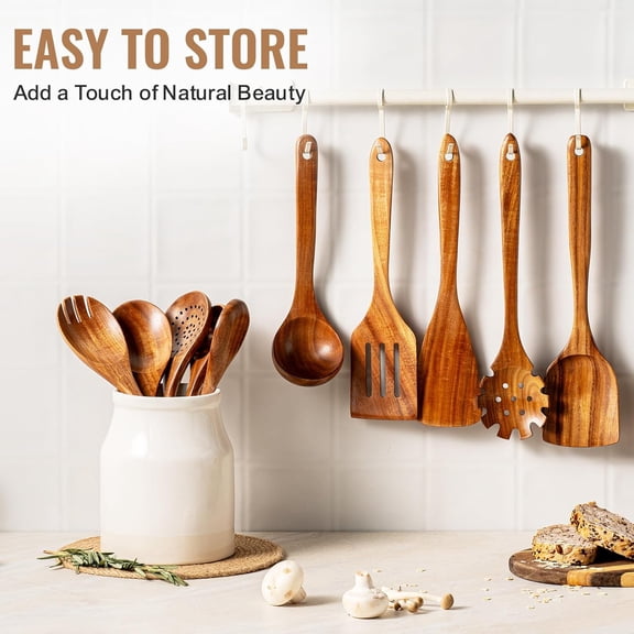 10 Pcs Wooden Spoons for Cooking, Natural Teak Kitchen Utensils Set with Comfort Grip