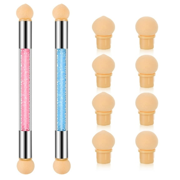 10 Pcs in 2 Set Nail Sponges for Ombre, 2 Pcs Double-Head Ombre Brush for Gel Nails with 8 Pcs Replacement Head (Pink, Blue)