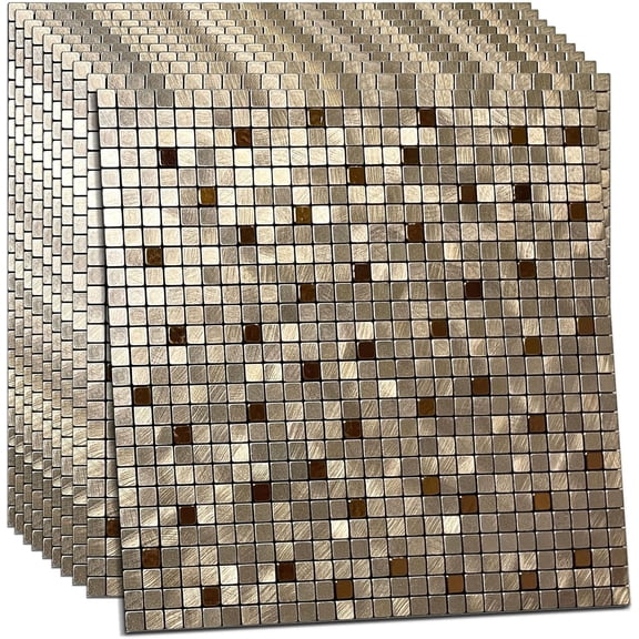 10- Peel and Stick Backsplash for Kitchen Wall Sticker Panel Self-Adhesive Metal Mosaic Tile (11.41"x11.41" Bronze)