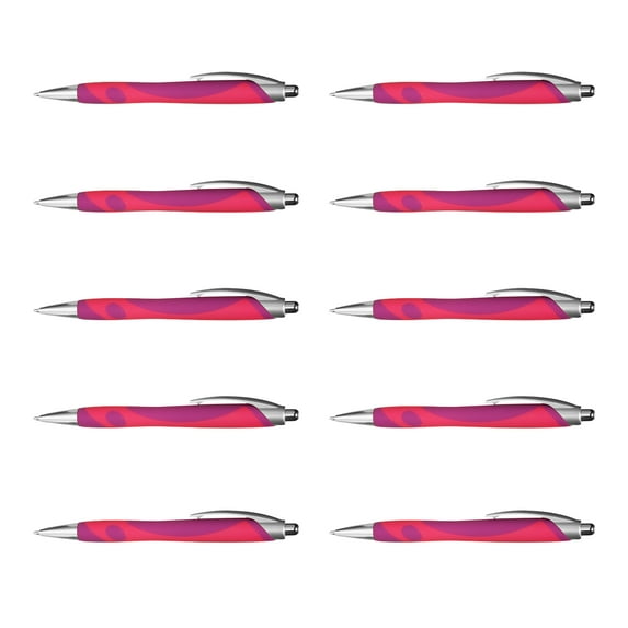 10 Pens with Groovy Design Pack - Click to write, Plastic - Pink