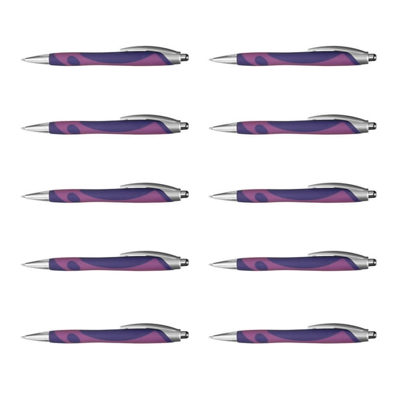 10 Pens with Groovy Design Pack - Click to write, Plastic - Purple