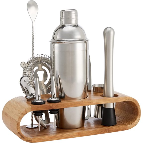 10-Pic Stainlss Stl Cocktail Shakr Bar Tool St with Bamboo Stand Holdr, Hom Drink Mixing Accssoris, Houswarming Gift