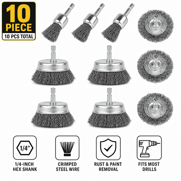 10-Piece 1/4-Inch Hex Shank Wire Wheel & Brush Set, Crimped Carbon Steel Rotary Grinding & Polishing Attachments for Power Drills