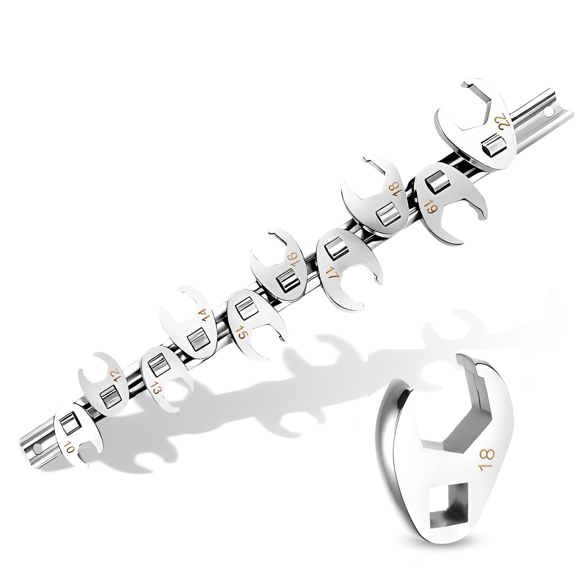 10-Piece 3/8-Inch Drive Metric Crowfoot Wrench Set, 10–22mm, CR-V Steel, Flare Nut Design, Automotive & Plumbing, Tight Space Access with Clip-On Organizer