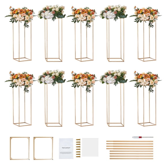 10 Piece 31.5 Inch Tall Gold Rectangular Wedding Flower Stand Acrylic Veneer Metal Vase Column Geometric Center Decorative Stand for Event Reception Party Decorations