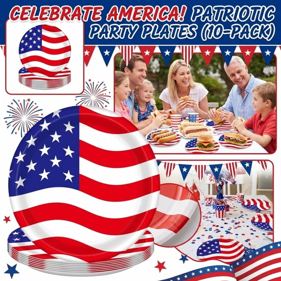 10-Piece 7-Inch Patriotic USA Flag Disposable Paper Plates for 4th of July Decorations and Memorial Day Party Supplies, Festive Red White and Blue Tableware for Holiday BBQ Events, A