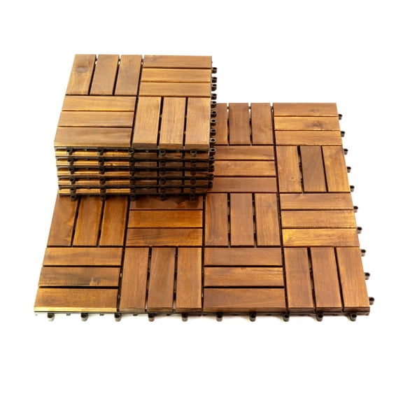 10-Piece Acacia Wood Deck Tiles 12x12 Checker Pattern 12 Slats Interlocking for Porch/Balcony