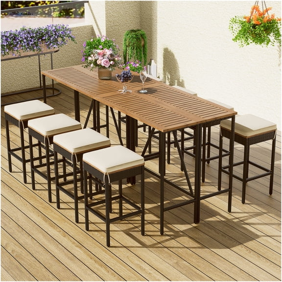 10-Piece Acacia Wood Outdoor Bar Table Set with 8 Stools and Cushions, Foldable All-Weather Patio Dining Set, Brown