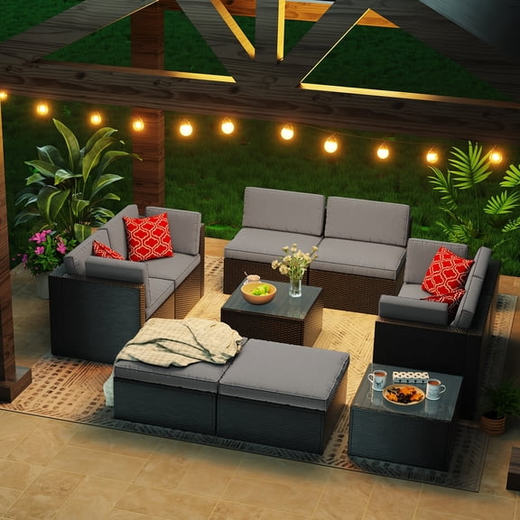 Junkai 10-Piece Rattan L-Shaped Outdoor Sectionals with 4 Corner Sofa 2 armless sofa 2 ottoman and 2 Coffee Table, Black
