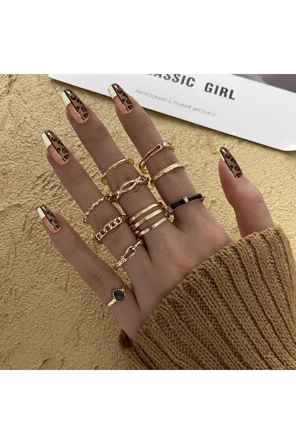 10-Piece Alloy Chain Ring Set: Creative Retro Hollow Inlaid Zircon Black Knuckle Rings, Gold, Geometric, Affordable Luxury Style