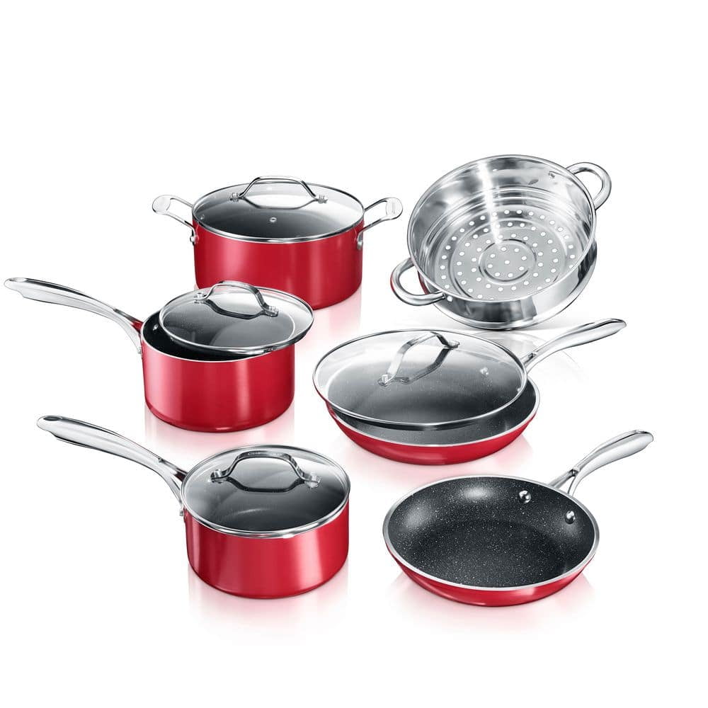 10-Piece Red Nonstick Aluminum Cookware Set with Glass Lids
