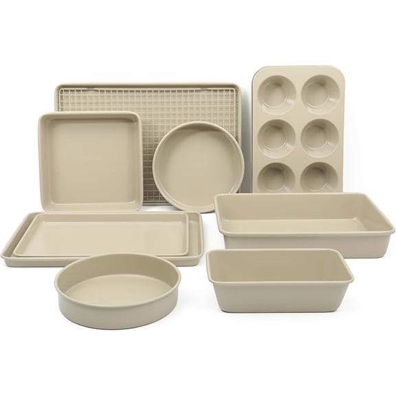 10 Piece Baking Pans Ceramic Non Stick Bakeware Set - Taupe