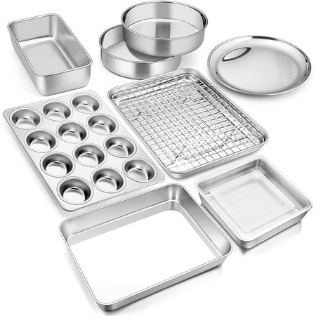 10 Piece Baking Pans Set, Vesteel Stainless Steel Bakeware Set for Oven, Include Cake Pan/Baking Cookie Sheet/Pizza/Muffin/Loaf Pan, Non-Toxic & Heavy Duty, Dishwasher Safe