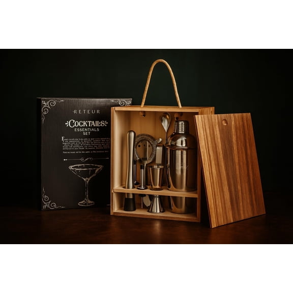 10 Piece Bartender Kit Stainless Steel Cocktail Shaker Set with Wooden Box - Silver
