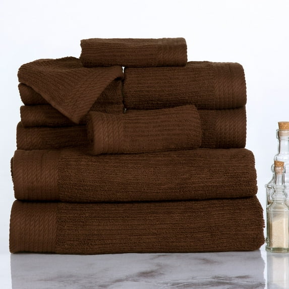 10-Piece Bath Towel Set - Luxurious 100% Cotton Ribbed Pile Absorbent Towels - Machine Washable Bathroom Set by Lavish Home (Brown)