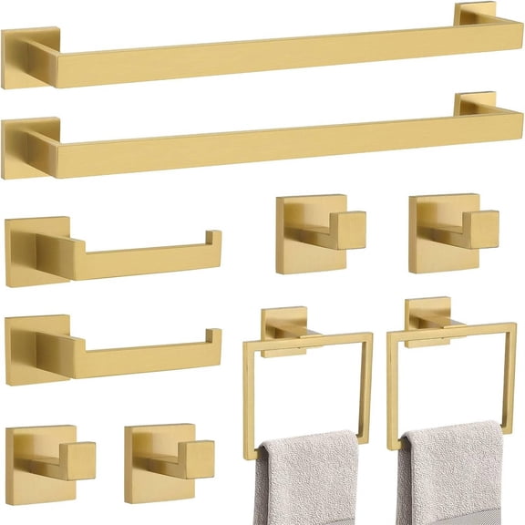 10-Piece Bathroom Hardware Accessories Set-Brushed Gold Towel Bar, Holder & Racks-