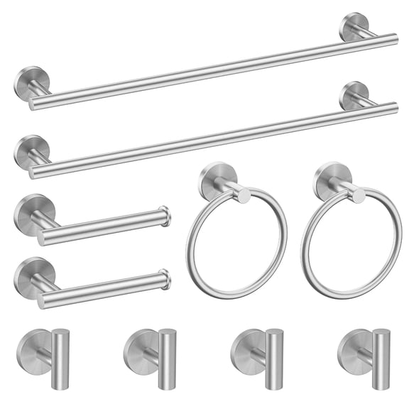 10-Piece Bathroom Hardware Set Brushed Nickel-ring Wall Mounted Towel Bars