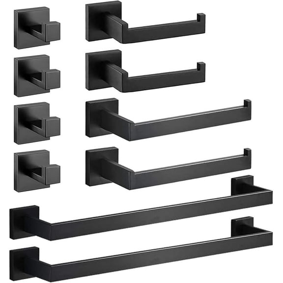 stusgo 10-Piece Black Bathroom Hardware Set in SUS 304 Stainless Steel. The Set Includes a 40cm Towel Bar, Toilet Paper Holder, Hand Towel Holder, and 2 Towel Hooks,Wall Mounted