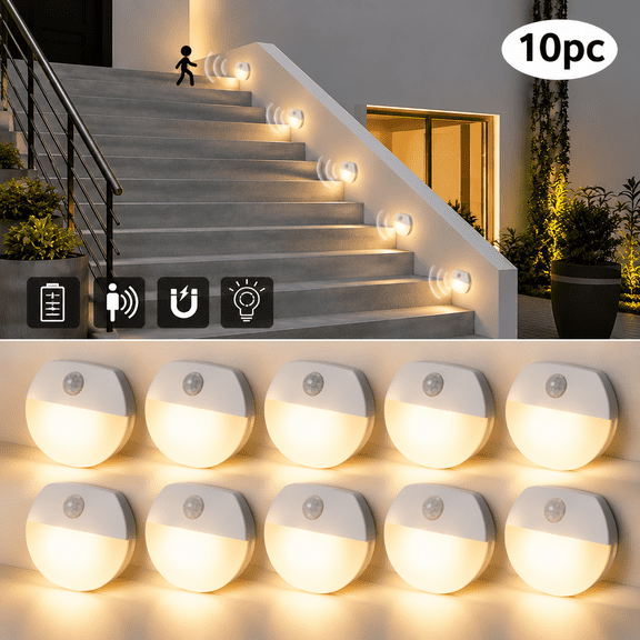 10-Pack Battery Motion Sensor Stair Lights, Warm White, No Drill Install, PIR Dusk Sensor Night Light for Stair Closet Hallway Bedroom