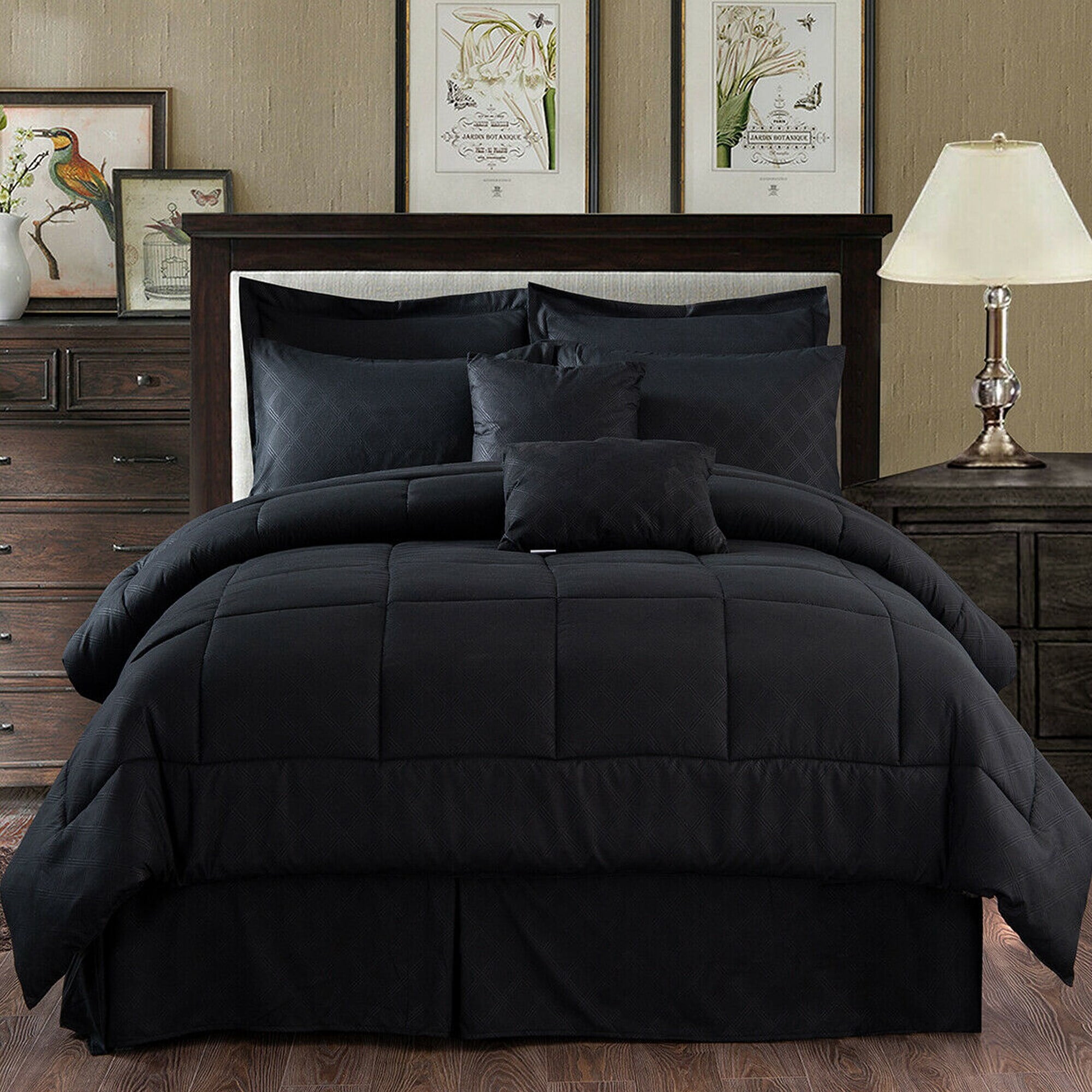 10 Piece Bed In A Bag Comforter Set Plaid Embossed Queen Black